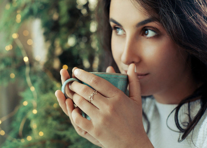 14K Gold Delicate Nature Inspired Ring, Gold Leaf Branch Ring, Olive engagement Ring