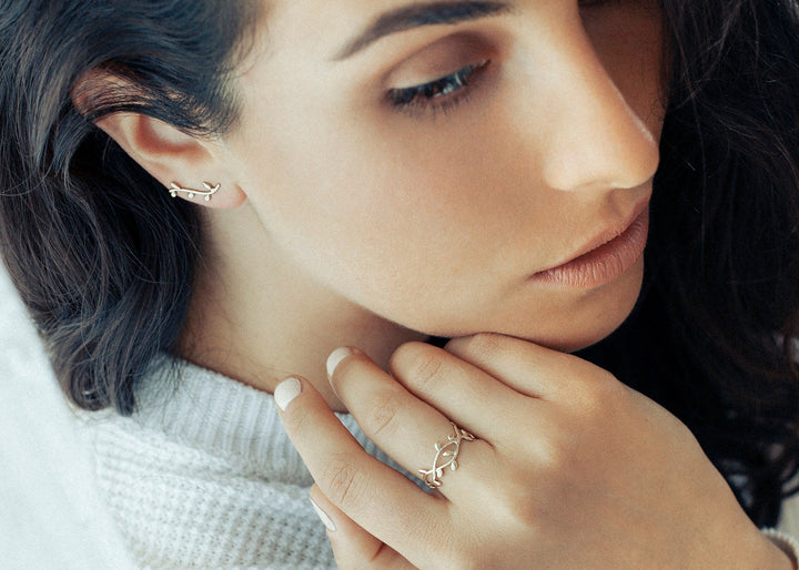 14K Gold Delicate Nature Inspired Ring, Gold Leaf Branch Ring, Olive engagement Ring