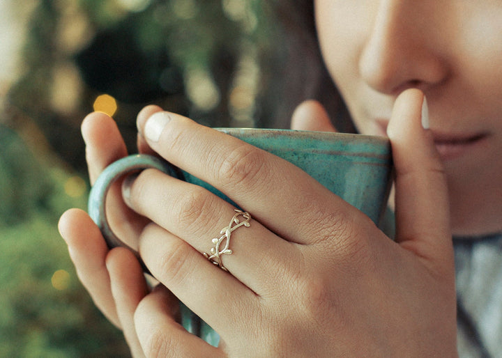14K Gold Delicate Nature Inspired Ring, Gold Leaf Branch Ring, Olive engagement Ring