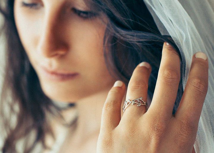 Dainty Tiny Diamonds Leaves Ring, Gold Alternative Engagement Ring For Women, 14K White Gold Leaf Wedding Ring