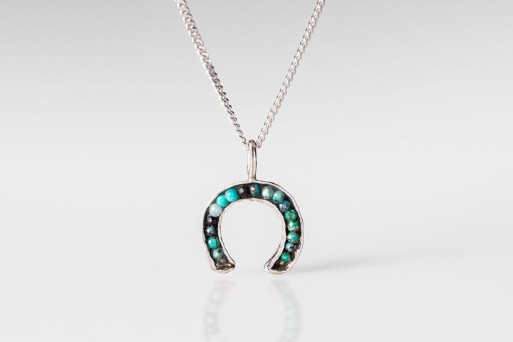 Sterling Silver & Chrysocolla Gemstones Good-Luck Horseshoe Necklace | Horse-Lover Equestrian Gift for Woman | Chakra Healing Crystal Charm
