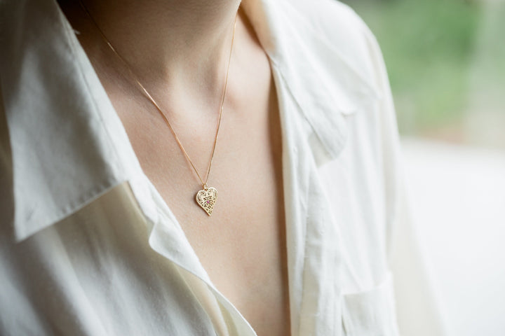 14K Yellow Solid Gold Birthstone Heart Pendant Necklace for Women, Lace Pendant, Birthday Gifts for Mom, Ruby Solid Gold Necklace