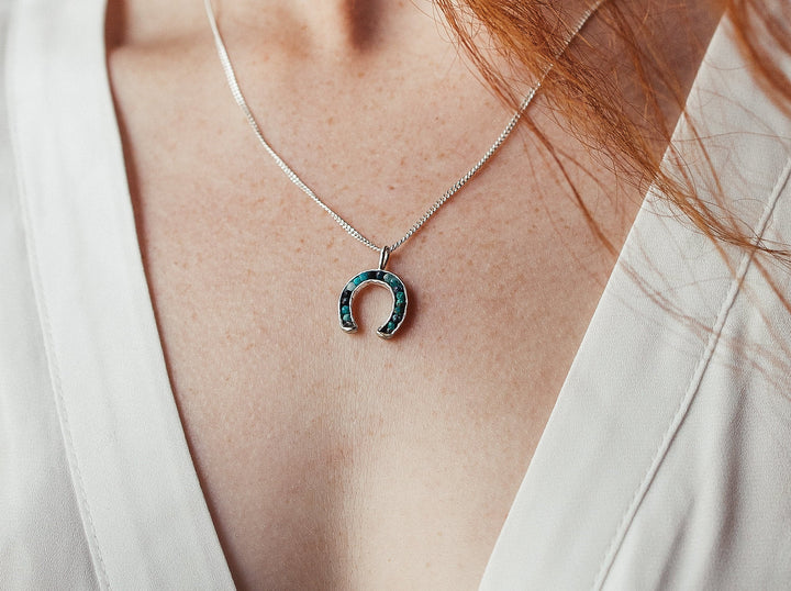 Sterling Silver & Chrysocolla Gemstones Good-Luck Horseshoe Necklace | Horse-Lover Equestrian Gift for Woman | Chakra Healing Crystal Charm