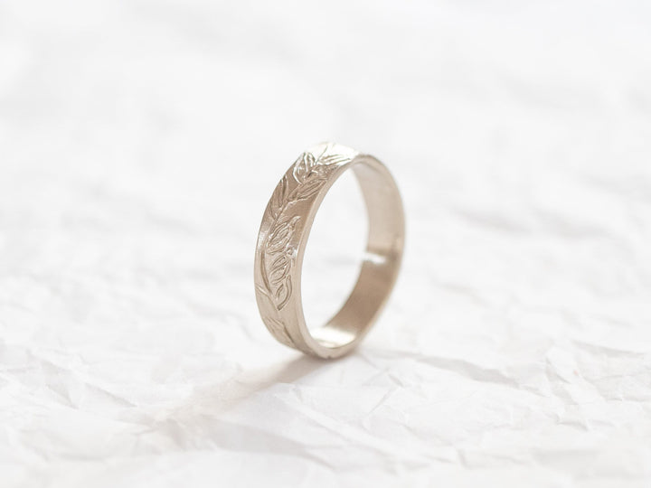 14k Solid White Gold Wedding Bands His and Hers, Matching Wedding Rings, Floral Band, Olive Leaves Ring for Women and Men