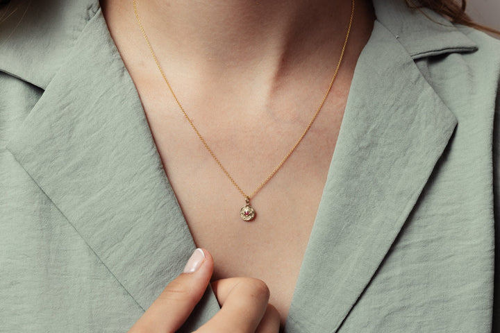 Small 14K Solid Gold Birthstone Coin Necklace, Natural Amethyst February Birthstone Jewelry, Floral Gold Pendant, Birthday Gift for Her