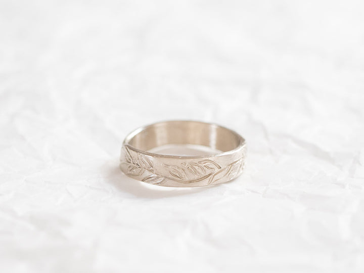 14k Solid White Gold Wedding Bands His and Hers, Matching Wedding Rings, Floral Band, Olive Leaves Ring for Women and Men