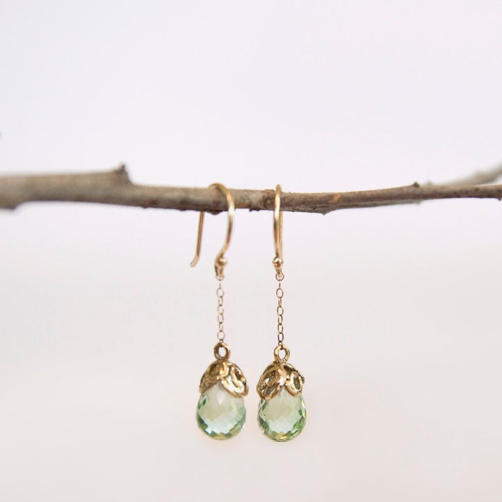 14K Solid Yellow Gold Natural Green Amethyst, Drop Earrings, February Birthstone Dangle Earrings, Green Amethyst Jewelry Gift For Her.