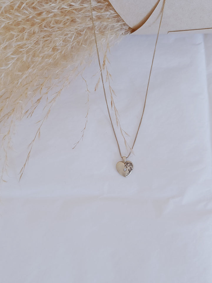 Unique diamond Birthstone Heart Necklace, 14k solid Yellow Gold leaf engraving Heart Necklace, Women / Girl Birthday Personalized Gift