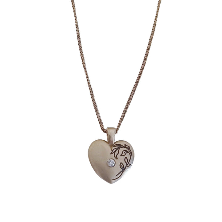 Unique diamond Birthstone Heart Necklace, 14k solid Yellow Gold leaf engraving Heart Necklace, Women / Girl Birthday Personalized Gift