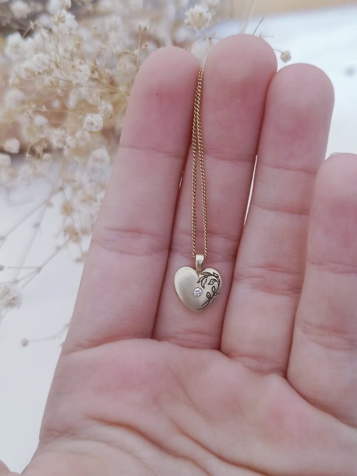 Unique diamond Birthstone Heart Necklace, 14k solid Yellow Gold leaf engraving Heart Necklace, Women / Girl Birthday Personalized Gift