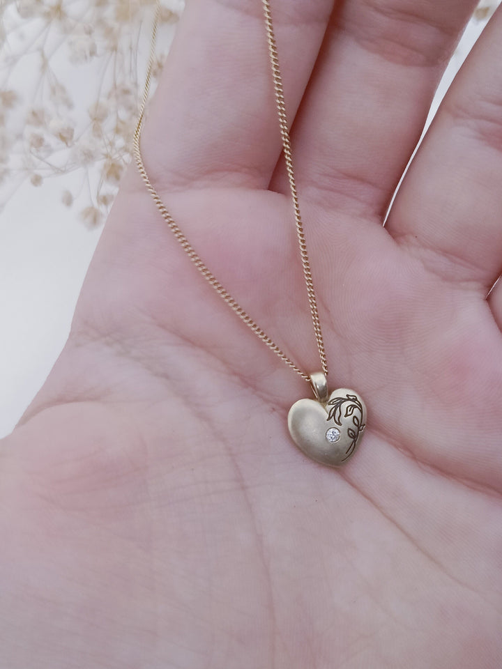 Unique diamond Birthstone Heart Necklace, 14k solid Yellow Gold leaf engraving Heart Necklace, Women / Girl Birthday Personalized Gift