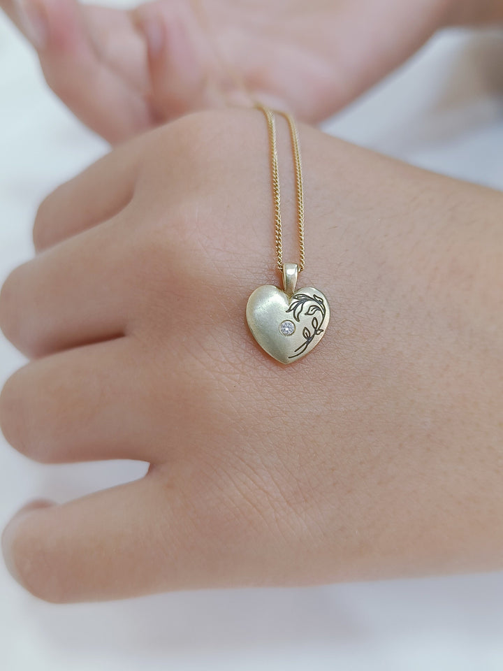 Unique diamond Birthstone Heart Necklace, 14k solid Yellow Gold leaf engraving Heart Necklace, Women / Girl Birthday Personalized Gift