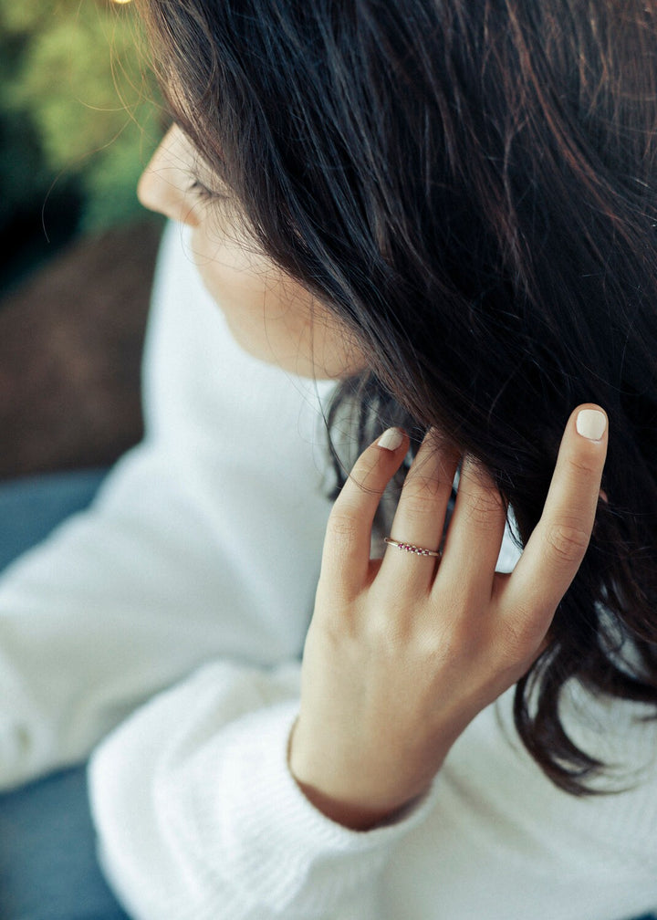 Natural Ruby 14K Solid Gold Ring, Engagement Ring, Delicate Minimalist Stacking Ring, Half Eternity Ring, Red gemstone 14K Gold Ruby Ring