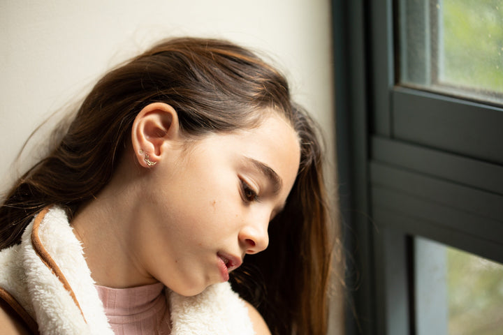 14K Gold Girls Delicate Stud Climber Earrings, Leaves Post earrings for Girls, Solid Gold First Earrings, Birthday Gift for Girls and Teens