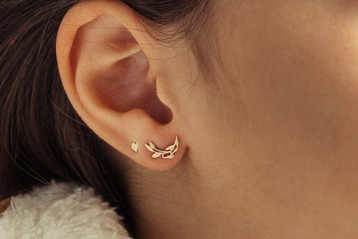 14K Gold Girls Delicate Stud Climber Earrings, Leaves Post earrings for Girls, Solid Gold First Earrings, Birthday Gift for Girls and Teens