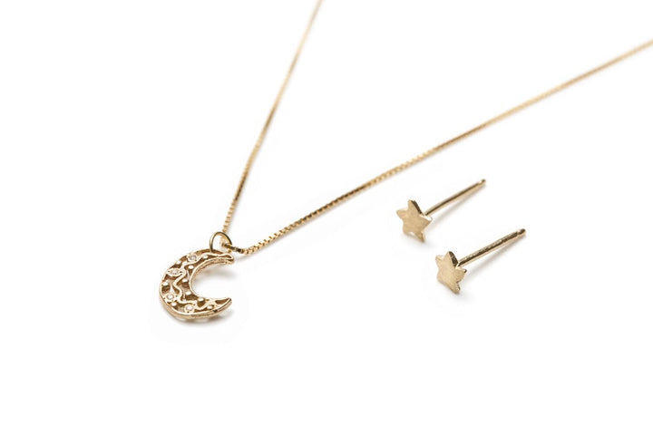 14K Solid Gold Moon & Stars Jewelry Set For Girls and Teens - Moon Pendant Necklace and Stars Stud Earrings, Gift for Xmas