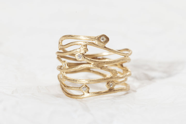 14K Solid Yellow Gold Multi row gold ring, Wide Branch Diamonds Ring, Unique Stripes wavy gold ring, Gift For Her
