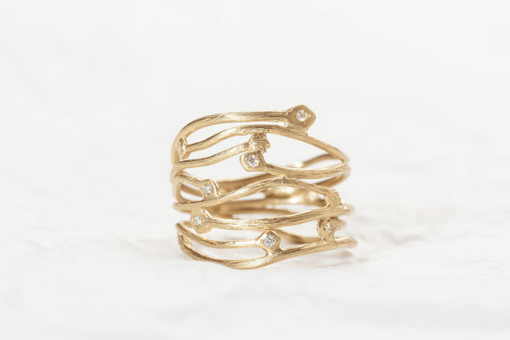 14K Solid Yellow Gold Multi row gold ring, Wide Branch Diamonds Ring, Unique Stripes wavy gold ring, Gift For Her
