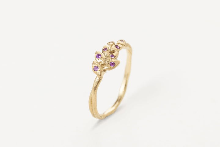 Lavender Flower and Amethyst Solid Gold Ring