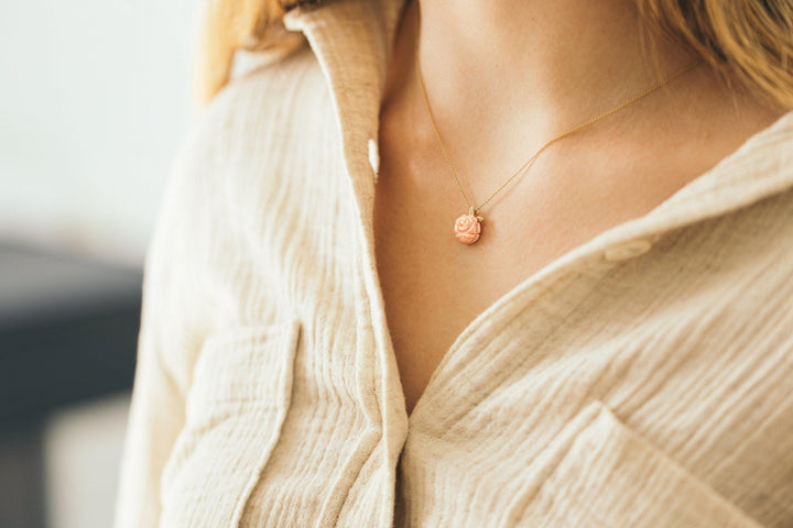 Pink Coral Rose Pendant, Floral 14K Gold Necklace, Dainty Rose Necklace, Pink Rose Jewelry, Tiny Rose Flower Necklace, Pink Wedding Necklace