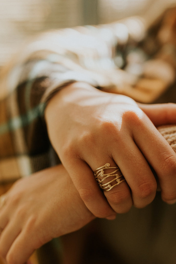14K Solid Yellow Gold Multi row gold ring, Wide Branch Diamonds Ring, Unique Stripes wavy gold ring, Gift For Her