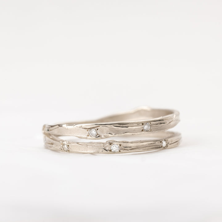 14K Yellow Gold Small Diamonds Wedding Ring, organic Engraving Ring, Split Gold Ring, Unique Ring For Her