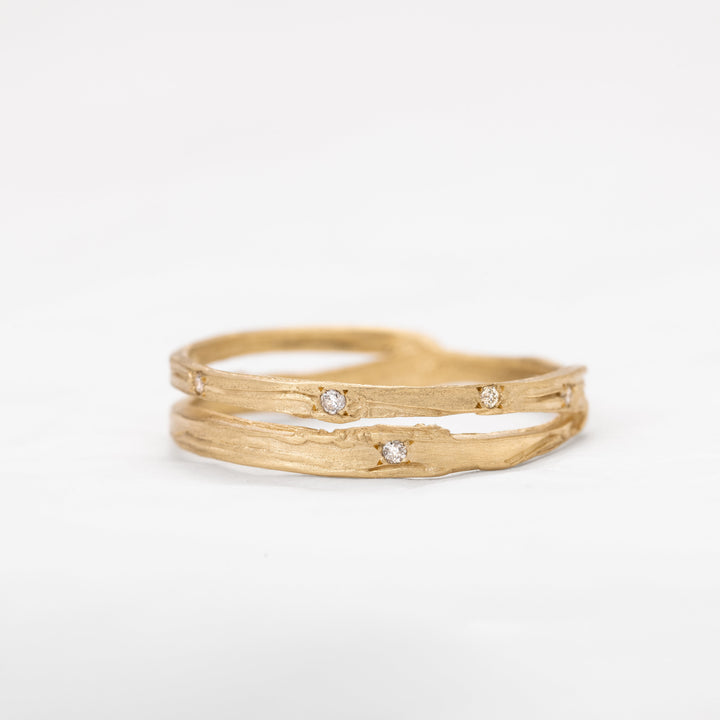 14K Yellow Gold Small Diamonds Wedding Ring, organic Engraving Ring, Split Gold Ring, Unique Ring For Her