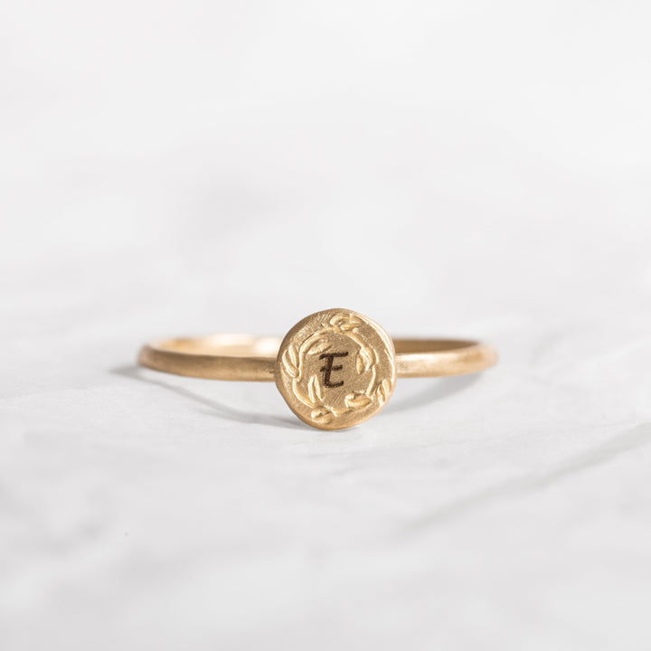 Round 14K Gold Custom Wreath Crown Initial and Birthstone Floral Ring Set, Beautiful Personal Gift For Her