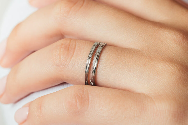 14K Yellow Gold Small Diamonds Wedding Ring, organic Engraving Ring, Split Gold Ring, Unique Ring For Her