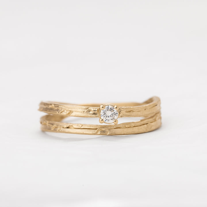 Double Band 14K Gold Diamond and Leaf Engraving Ring
