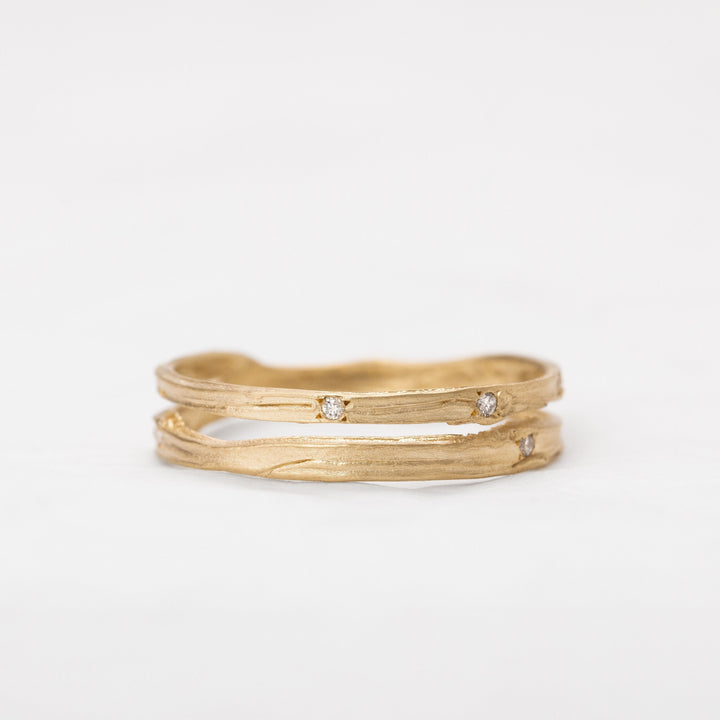 14K Yellow Gold Small Diamonds Wedding Ring, organic Engraving Ring, Split Gold Ring, Unique Ring For Her