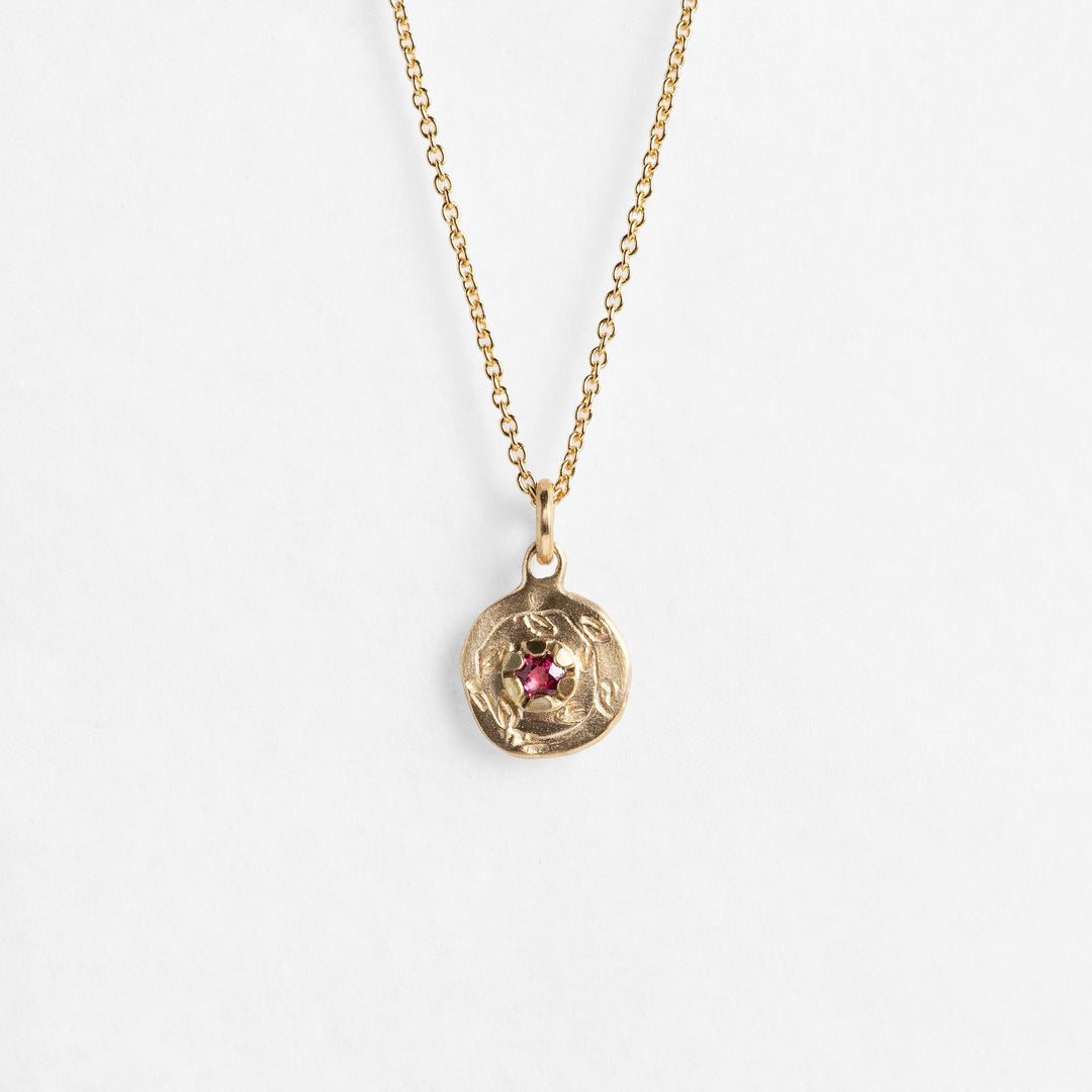 Natural Ruby 14K Gold Necklace, July Birthstone Jewelry, Gold Coin Ruby Necklace, Floral Gold Pendant, Birthday Gift for Her, Dainty Jewel
