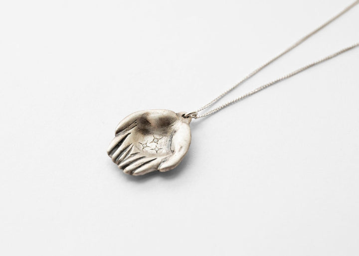 Unique Small Diamonds Silver Pendant Necklace, Mother's Day Gift, Love and Giving Hand Shaped Pendant, Mom Daughter Necklace Gift