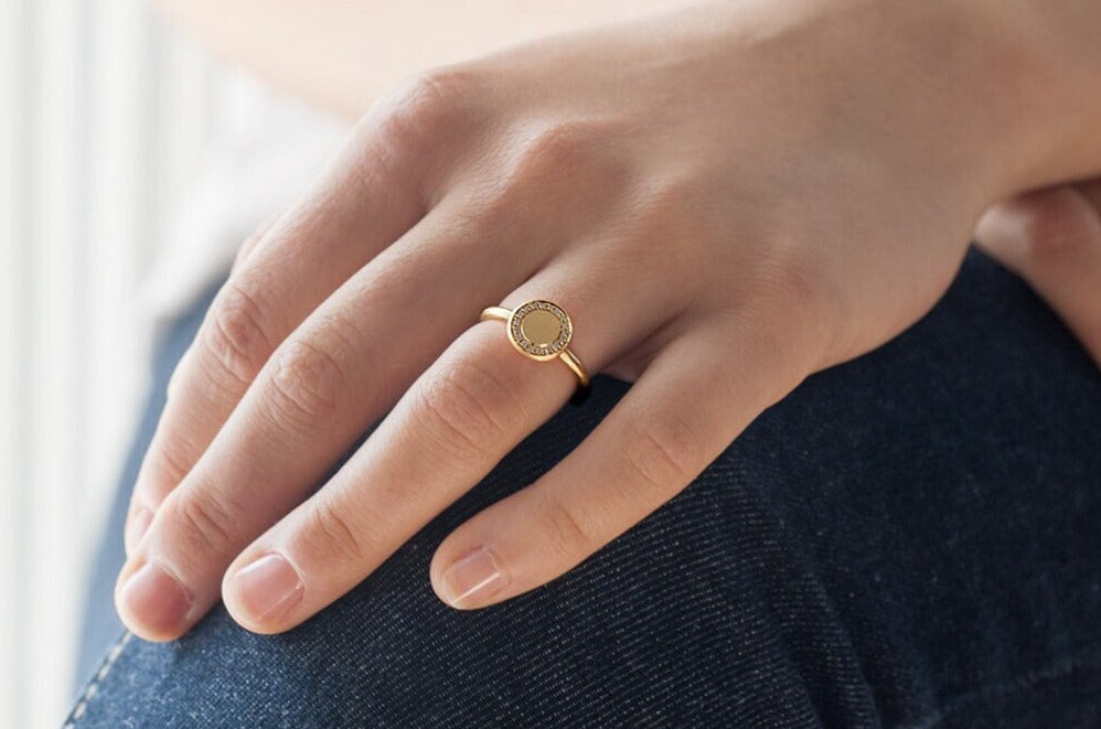 14K / 18K Solid yellow Gold Diamond Signet Ring, Diamond Custom Engraved Gold Ring, Gift For Her