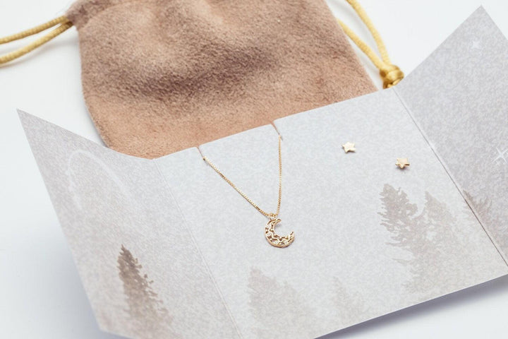 14K Solid Gold Moon & Stars Jewelry Set For Girls and Teens - Moon Pendant Necklace and Stars Stud Earrings, Gift for Xmas