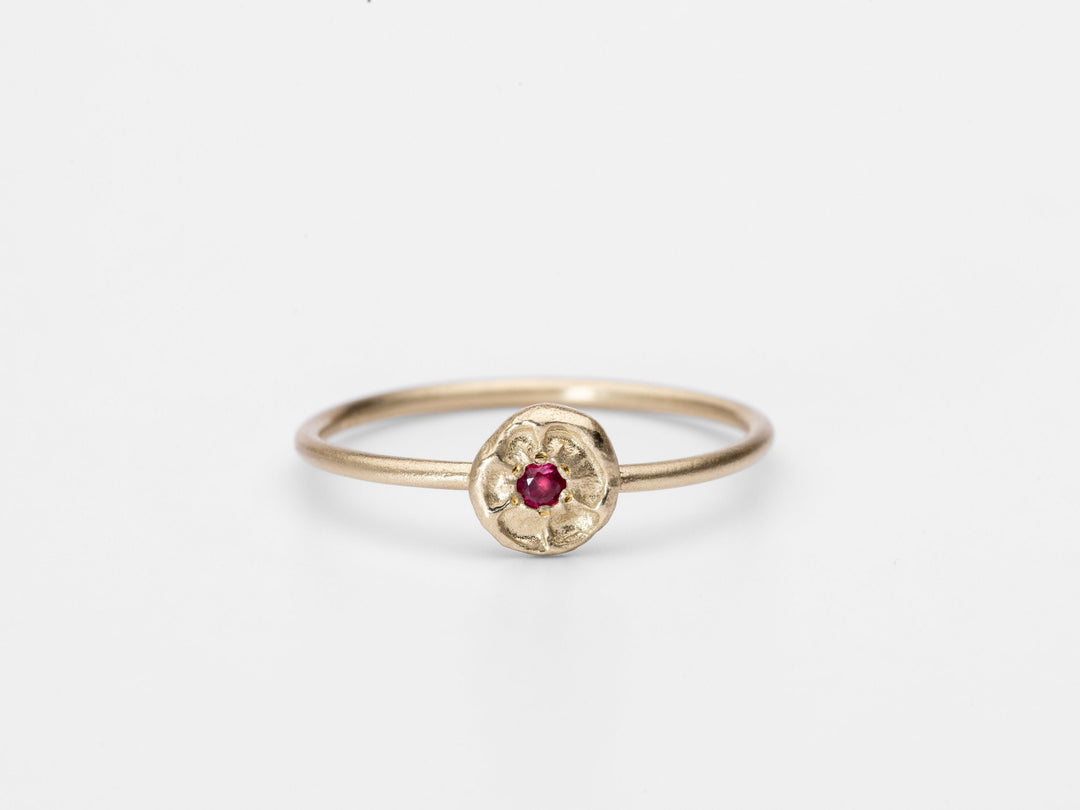 Dainty Gold Flower Ruby Signet Ring, 14K Solid Gold Birthstone Ring, Gemstone Engagement Ring