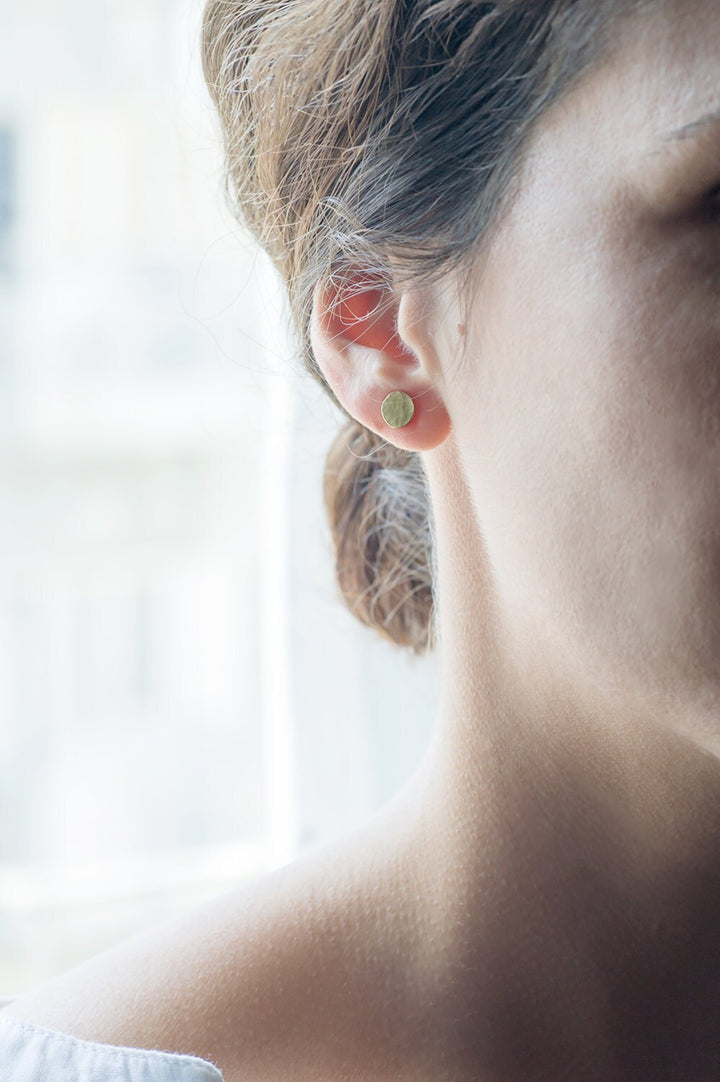 14K Gold Circle Earrings, Women's Stud Earrings, Solid Gold Hammered Earrings, Round Post Earrings, Matte finish Earrings, Holiday Gifts