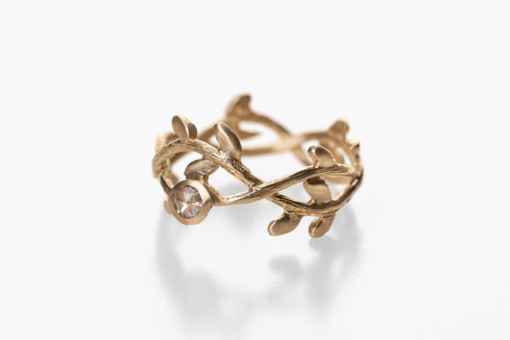 14K Solid Gold Nature Inspired Diamond Ring, Gold Leaf Branch Ring, Wreath Crown Wedding Ring