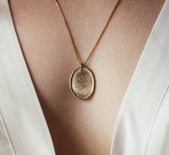 Romantic Fine 14K Solid Gold Small Diamonds Oval Coin Pendant for Women | Mothers Day Necklace | Beloved Heart Necklace