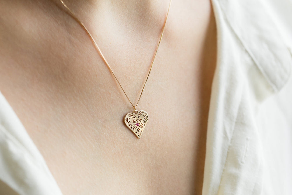 14K Yellow Solid Gold Birthstone Heart Pendant Necklace for Women, Lace Pendant, Birthday Gifts for Mom, Ruby Solid Gold Necklace