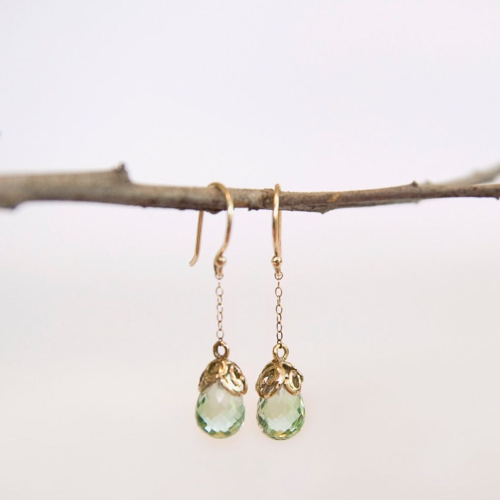 14K Solid Yellow Gold Natural Green Amethyst, Drop Earrings, February Birthstone Dangle Earrings, Green Amethyst Jewelry Gift For Her.