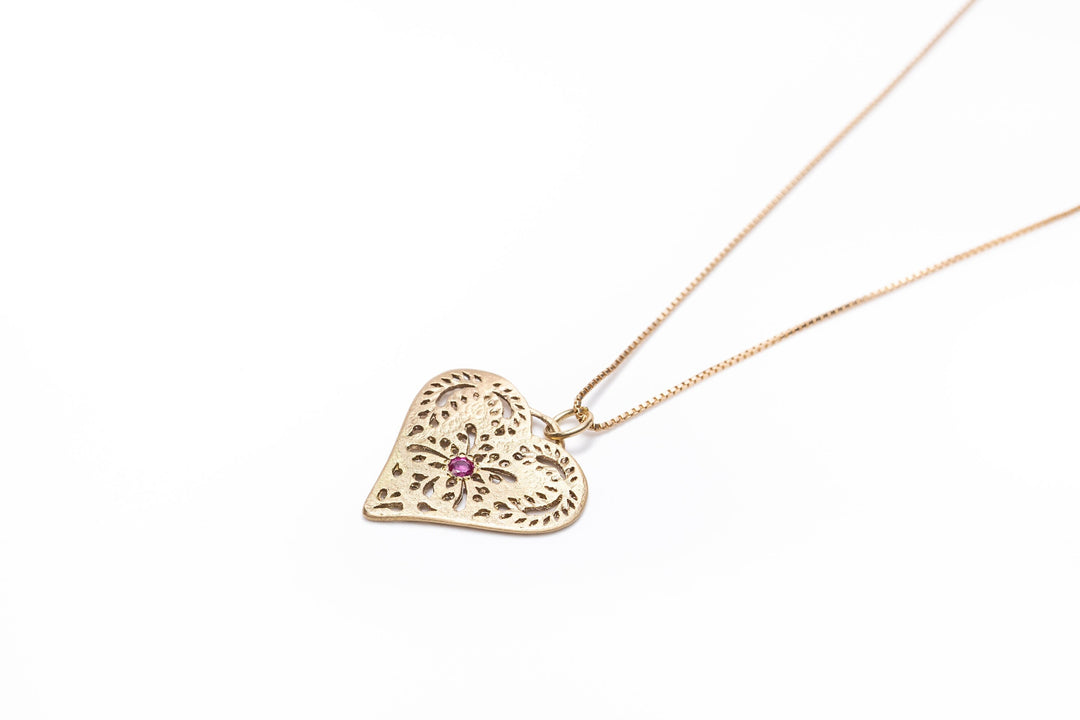 14K Yellow Solid Gold Birthstone Heart Pendant Necklace for Women, Lace Pendant, Birthday Gifts for Mom, Ruby Solid Gold Necklace