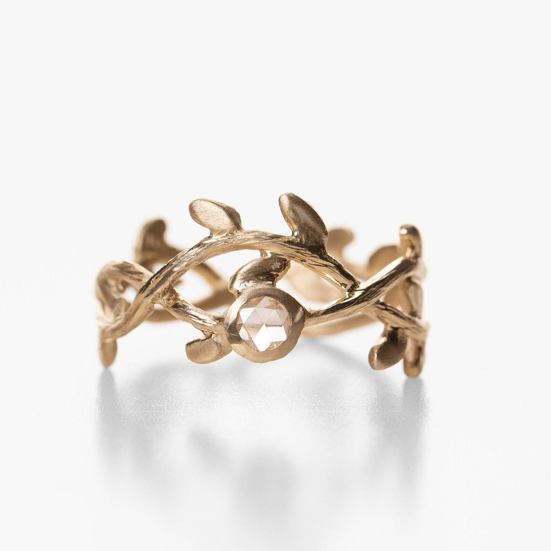 14K Solid Gold Nature Inspired Diamond Ring, Gold Leaf Branch Ring, Wreath Crown Wedding Ring