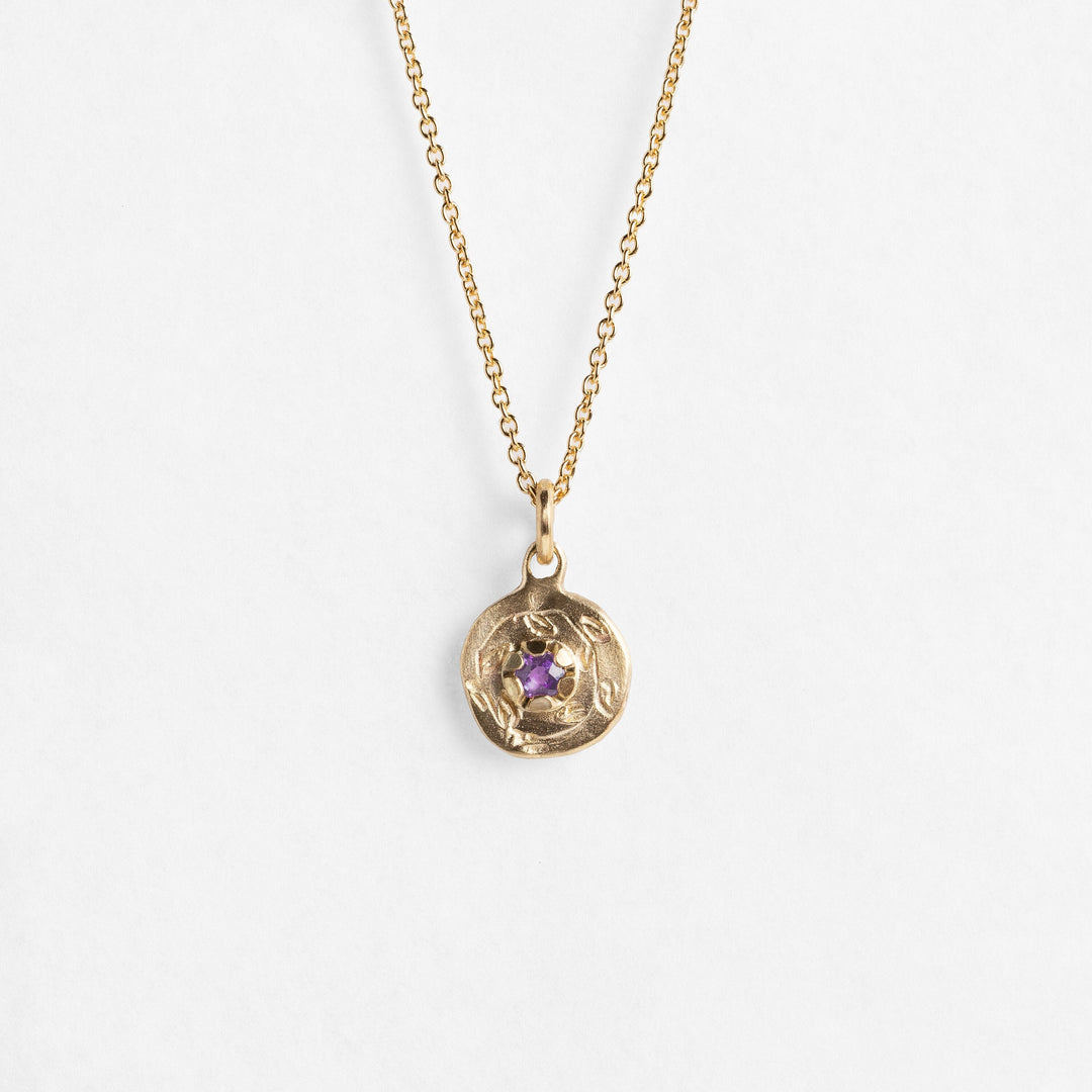 Small 14K Solid Gold Birthstone Coin Necklace, Natural Amethyst February Birthstone Jewelry, Floral Gold Pendant, Birthday Gift for Her