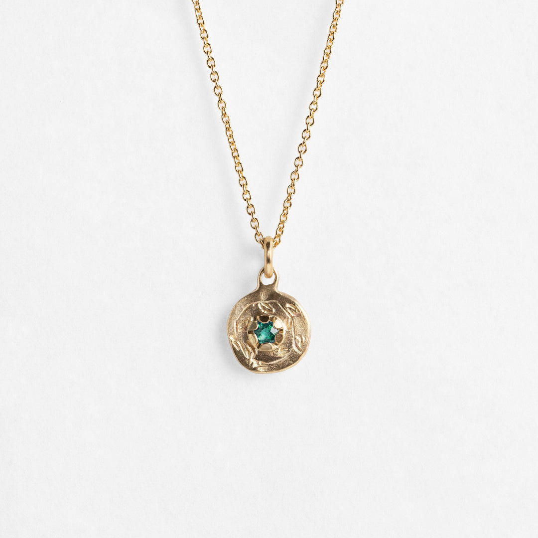 Small 14K Solid Gold Birthstone Coin Necklace, Natural Emerald May Birthstone Jewelry, Floral Gold Pendant, Birthday Gift for Her