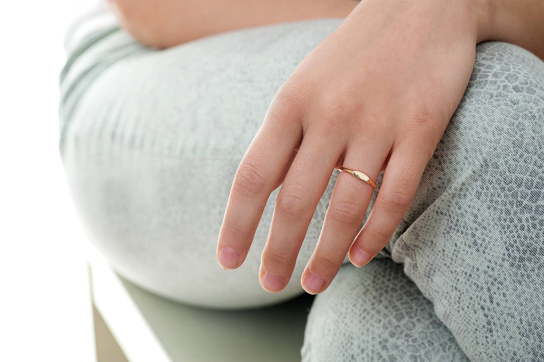 14k Solid Yellow Gold Minimalist Oval Bar Ring, 14k Solid Gold Wedding Band, Dainty Signet Ring, Personalized Name Ring, Engraved Ring