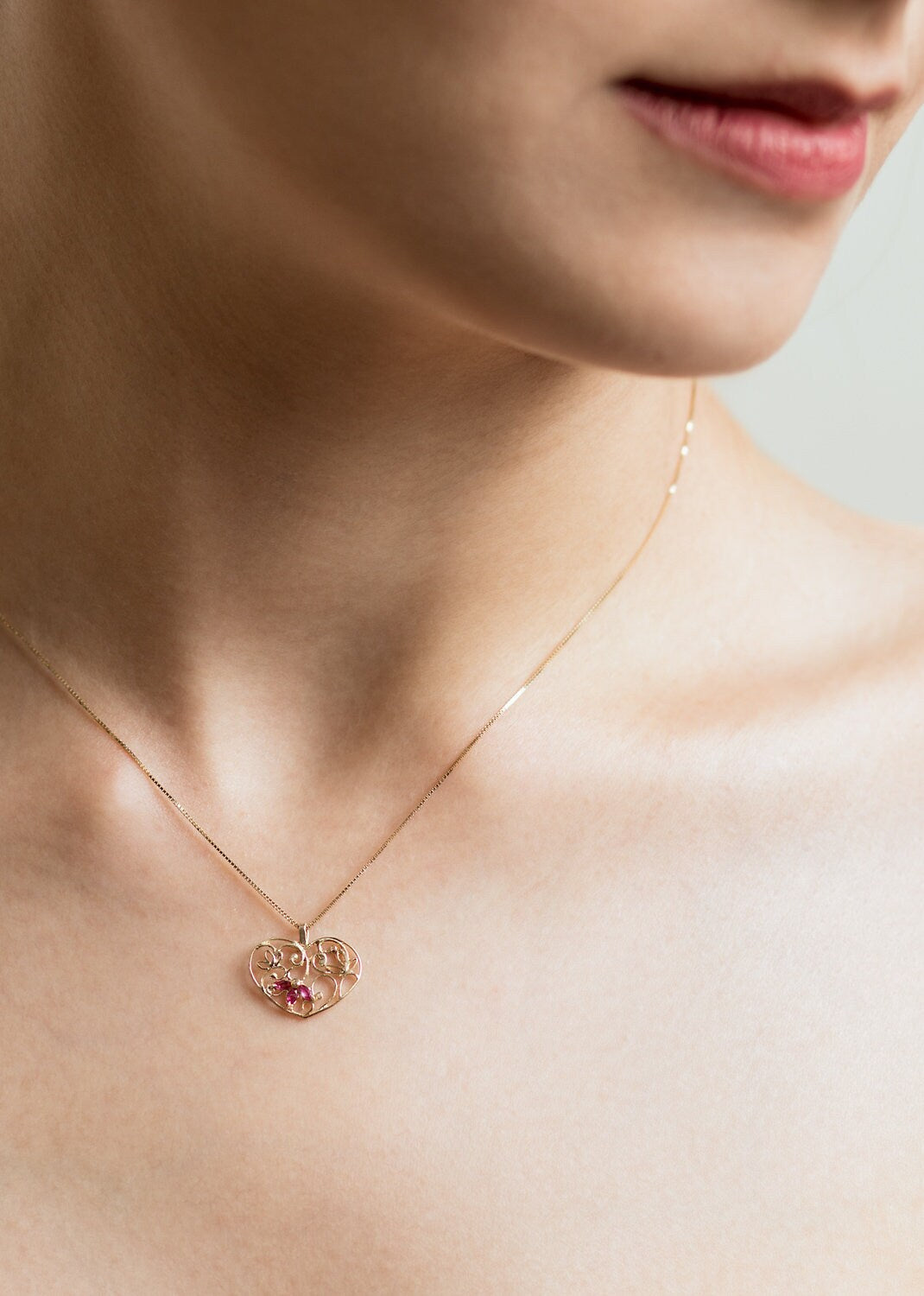 14k Gold Filigree Heart Necklace, Unique Heart Pendant Necklace, Yellow Gold Ruby Necklace, mother's Day, Ruby Heart Necklace, Gift For Her