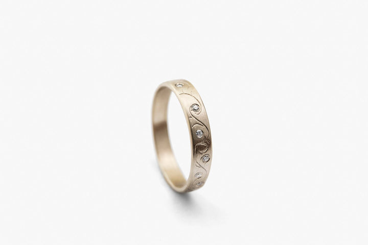 Unique 18k White Gold Eternity Band Set With Diamonds, Women Diamonds Ring, Delicate Floral Art Nouveau Engraved Ring, Feather Pattern Ring