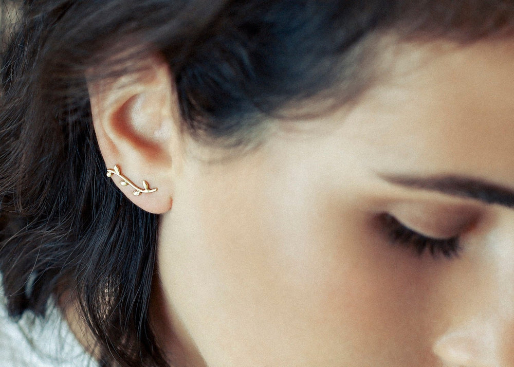 Gold Leaf Ear Climber, 14K Ear Cuff Ear Crawler, Delicate Minimalist Branch Earrings, Gift for Xmas