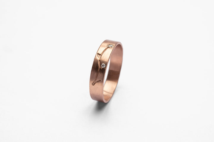 14k Solid Rose Gold Floral Engraved Band with Tiny Diamonds ,Wedding Band for Women , Romantic Hand-Engraved Branch Band, flat wedding ring